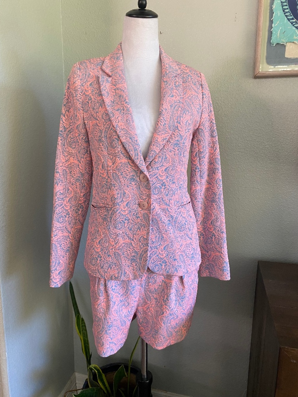 Pimkie Pink & Blue Paisley Jacquard Blazer and Shorts Set Co-ord set Size 6-8
